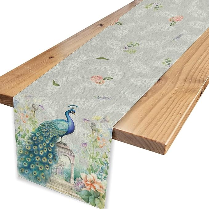 Peacock Table Runner,Watercolor Traditional Chinese Style Peacock Floral Garden Traditionla Chinese Style Table Center Decor for Home Dining Kitchen Patio Party Indoor Table Decorations, 13"x90"