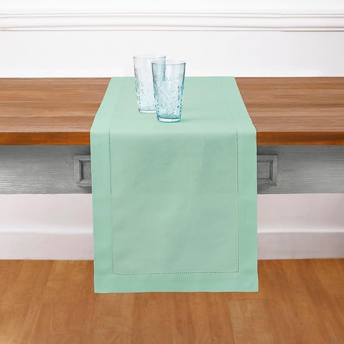 Solino Home Table Runner 108 Inches Long - Cotton Linen Hemstitch Aqua Table Runner 14 x 108 Inch for Winter, Spring, Easter