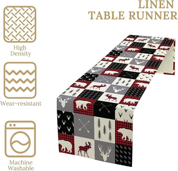 Farmhouse Bear Deer Table Runner, Retro Rustic Village Buffalo Plaid Table Runner for Coffee Table Dining Room Table Bedroom Party Holiday 13x90in