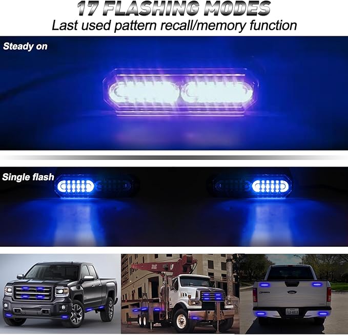 ASPL 8pcs Sync Feature Ultra Slim 12-LED Surface Mount Flashing Strobe Lights for Truck Car Vehicle LED Mini Grille Light Head Emergency Beacon Hazard Warning Lights (Blue)