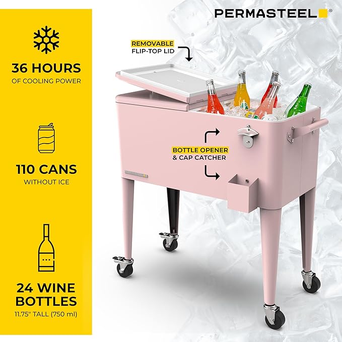 Permasteel 80 Quart Party Cooler, Rolling Ice Chest with Wheels and Handles for Indoor Outdoor Patio