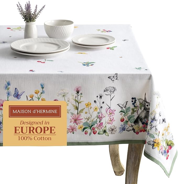 Maison d' Hermine Table Cloth Rectangle Table 100% Cotton 70 x 90 Inches Tablecloth Reusable Decorative Everyday Use for Dining Room, Farmhouse, Home Party, Festive & Wedding Spring Summer - Printemps