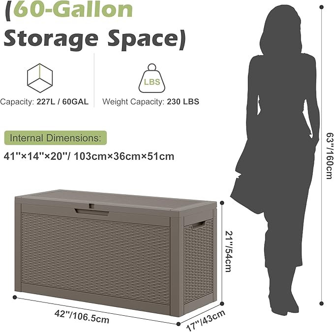 Outdoor Storage Box, 60 Gallon Outside Deck Box Waterproof, Resin Outdoor Storage Cabinet With Lockable Lid, Storage Bench for Garden Tools, Patio Cushions, Pool Tools, Package Delivery, Gray