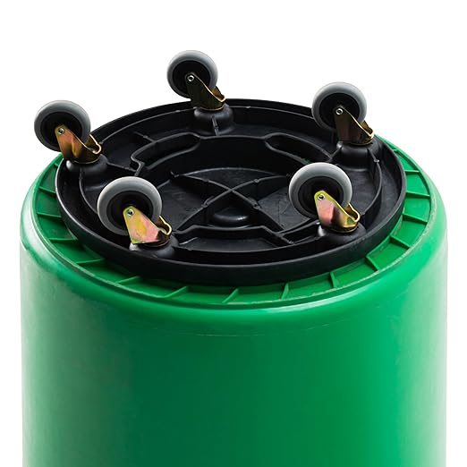 PRO&Family Commercial Round Trash Can with Lid and Dolly Rolling Waste Container, Ingredient Bin, Heavy-Duty Plastic, Anti-Static, Kitchen, Office, Outdoor Use (Green, 55 Gallon)