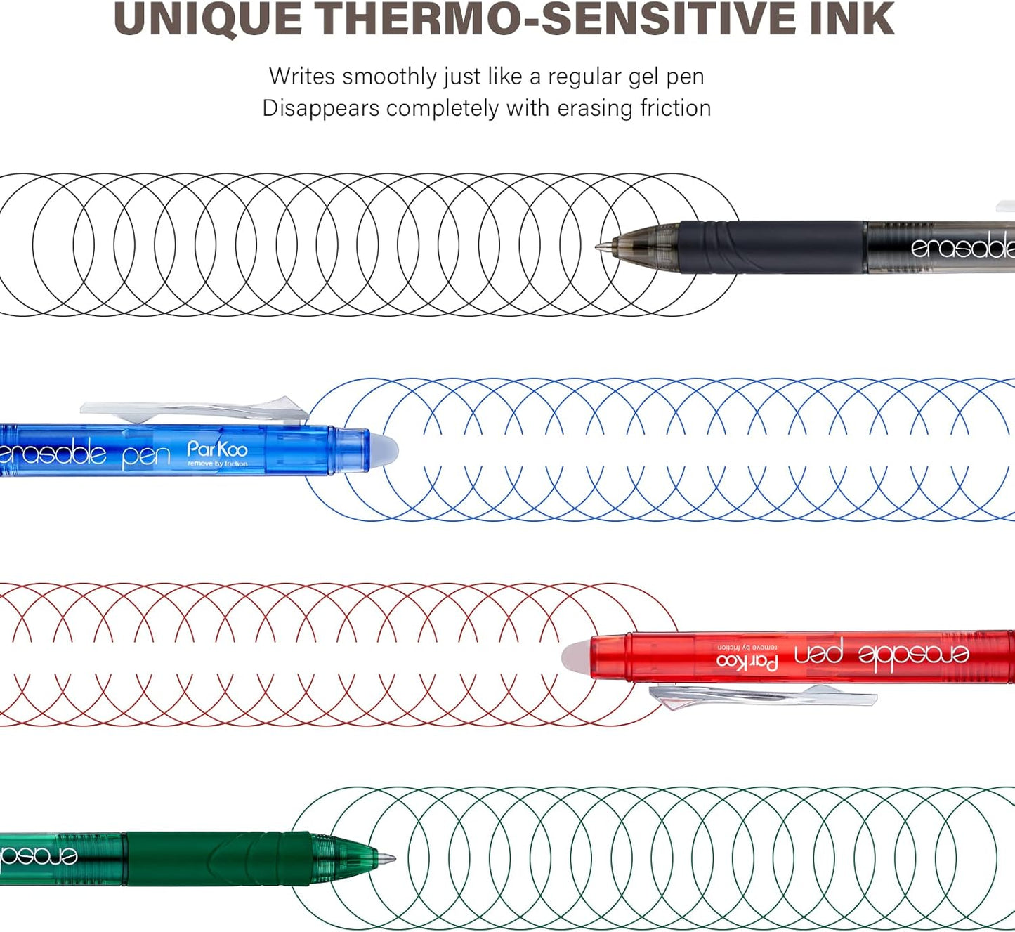 ParKoo Retractable Erasable Gel Pens Clicker Fine Point 0.7 mm, No Need for White Out, 4 Assorted Color Inks for Completing Sudoku and Crossword Puzzles, 12-pack