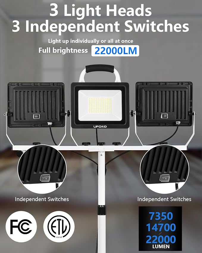 UFOND 22000 Lumen LED Work Light with Stand,3 Head Portable Work Lights with Individual Switch,Waterproof Work Lamp, Adjustable Metal Telescoping Tripod with Power Cord