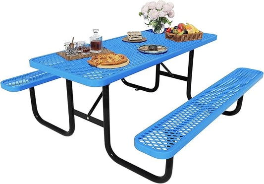 6FT Rectangular Metal Picnic Table for Outdoors, Commercial Steel Metal Picnic Tables, Heavy Duty Sturdy Picnic Tables Furniture Set for Patio Garden Courtyard BBQ, with Umbrella Hole, Blue
