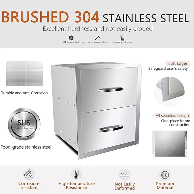 Outdoor Kitchen Drawers, Box Frame Style Flush Mount BBQ Drawer w/Stainless Steel Handle, BBQ Island Drawers For Patio Grill Station,Double Drawers