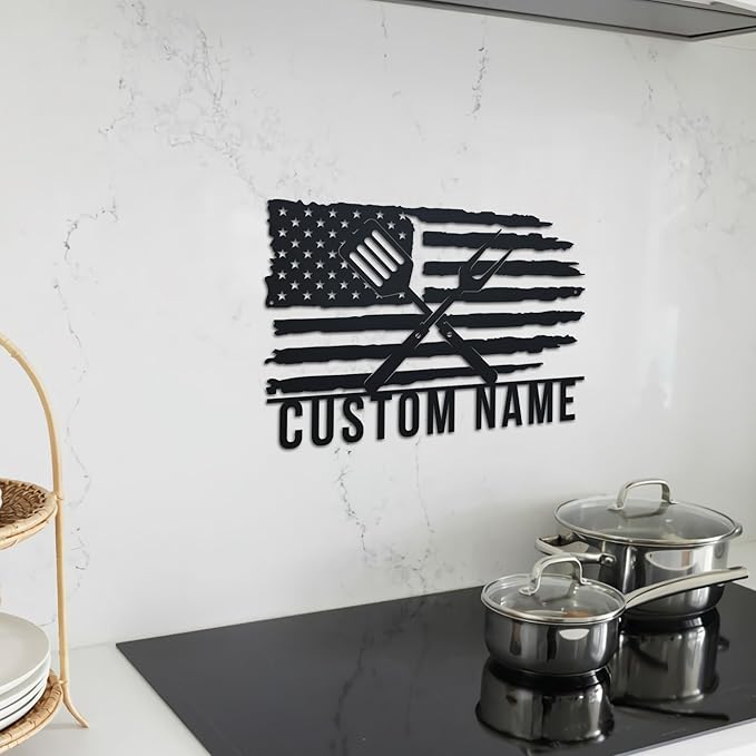 Personalized BBQ Sign With Led Lights - American Flag Metal Wall Art, Custom Name Sign, Patriotic BBQ Decor for Bar, Kitchen, Backyard, Patio Man Cave