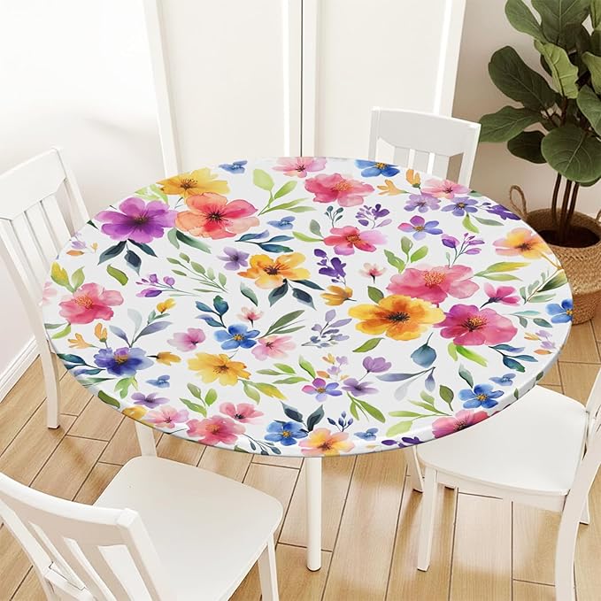 Spring Summer Floral Round Fitted Tablecloth with Elastic Watercolor Flower Outdoor Circle Table Cloth for 40-44" Tables Colorful Stretch Waterproof Washable Table Cover for Picnic Dining Party Decor