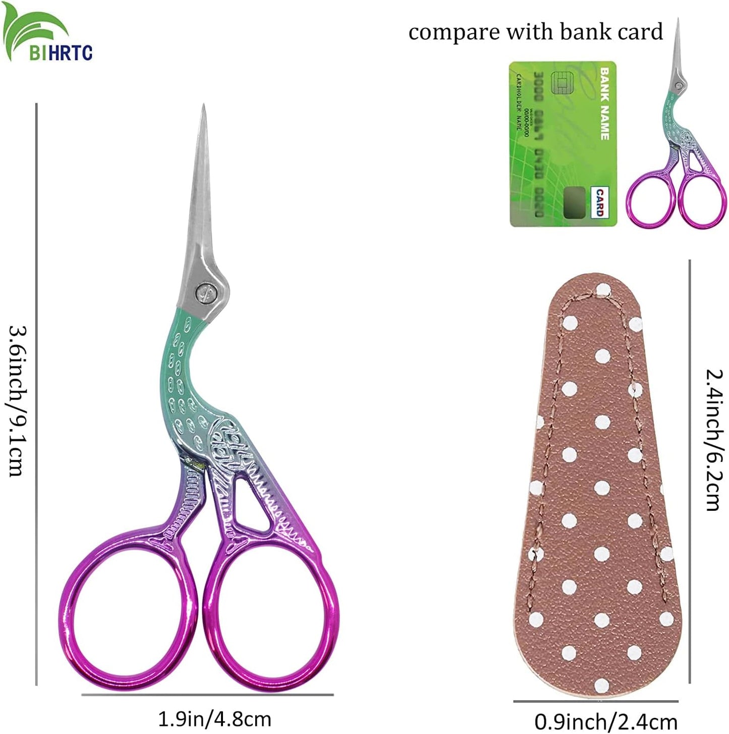 BIHRTC 3.6 Inch Small Crane Precision Detail Scissors Protective Leather Cover Stainless Steel Sharp Tip Needlepoint Scissors for Sewing Crafting Embroidery Scrapbooking