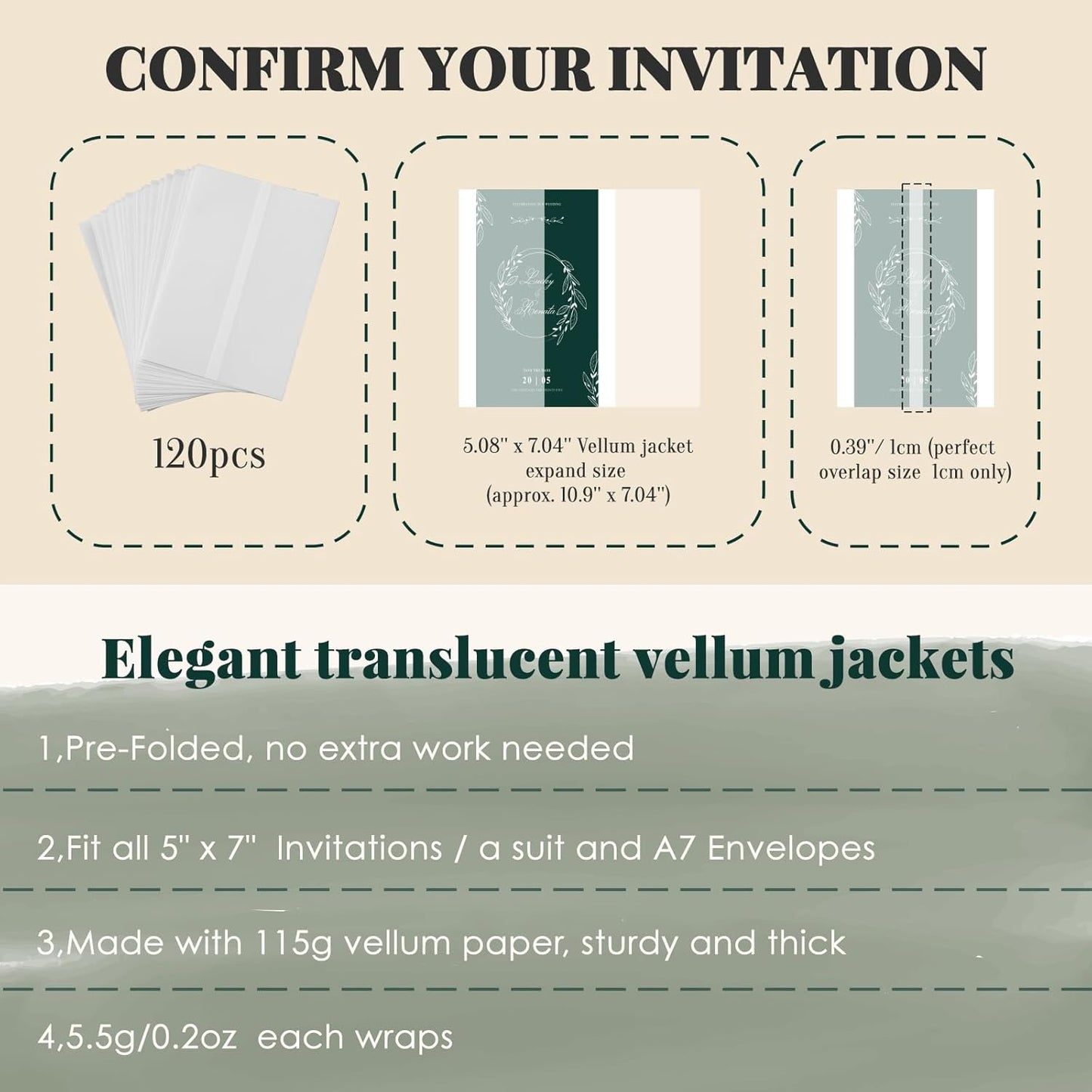 UNIQOOO 120 Pack Pre-Folded Vellum Jackets for 5x7 Invitations, Elegant Semi-Transparent Vellum Paper, 115GSM Wedding Invitation Accessories, for Envelope Liners 5x7 Inserts