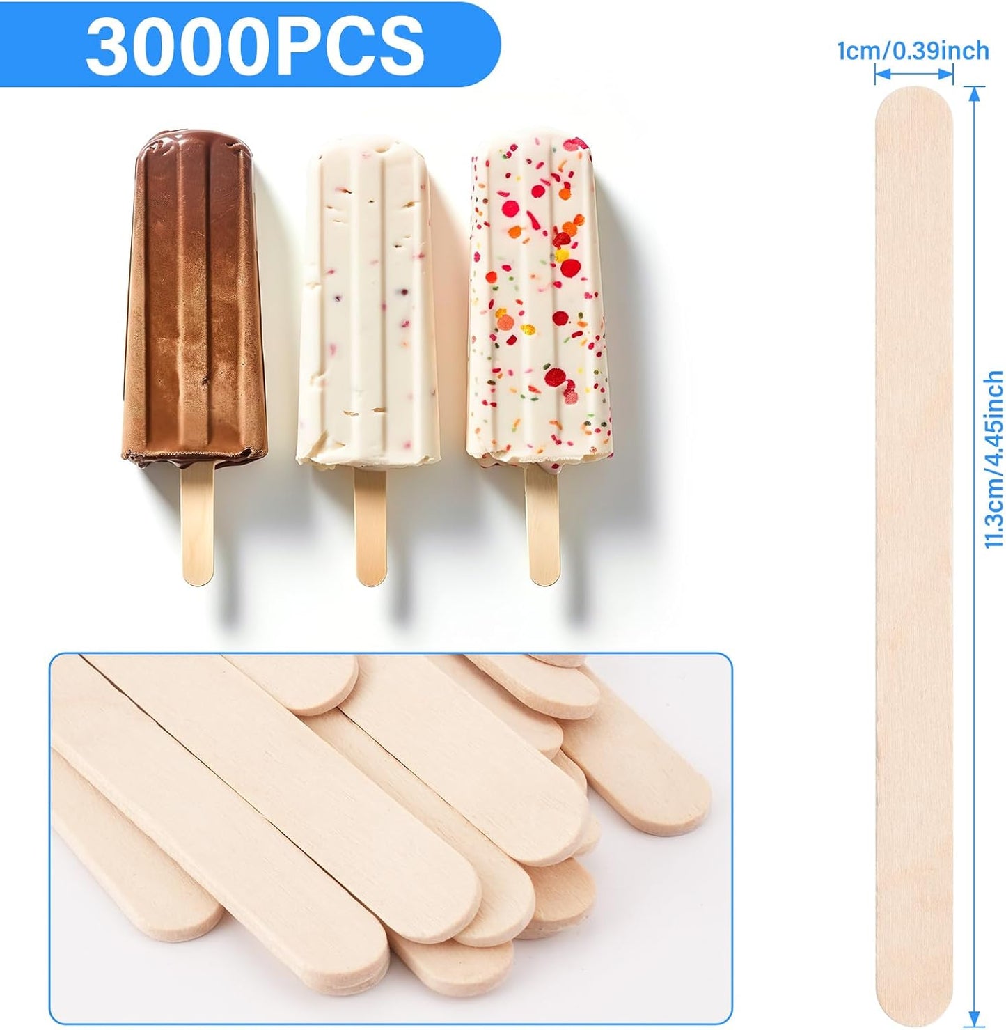 3000 Pcs Popsicle Sticks for Crafts 4.5 Inch Craft Sticks Bulk Ice Cream Sticks Natural Wood Popsicle Stick for food, or Waxing Sticks for Hair Removal and DIY Wood Crafts for Home Art Projects (3000)