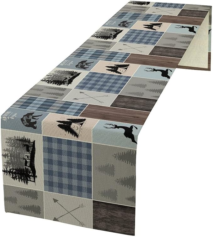 Rustic Bear Deer Table Runner, Blue Checkered Nature Forest Wildlife Farmhouse Cabin Country Table Runner for Outdoor Dining Kitchen Camping Party 13x36in