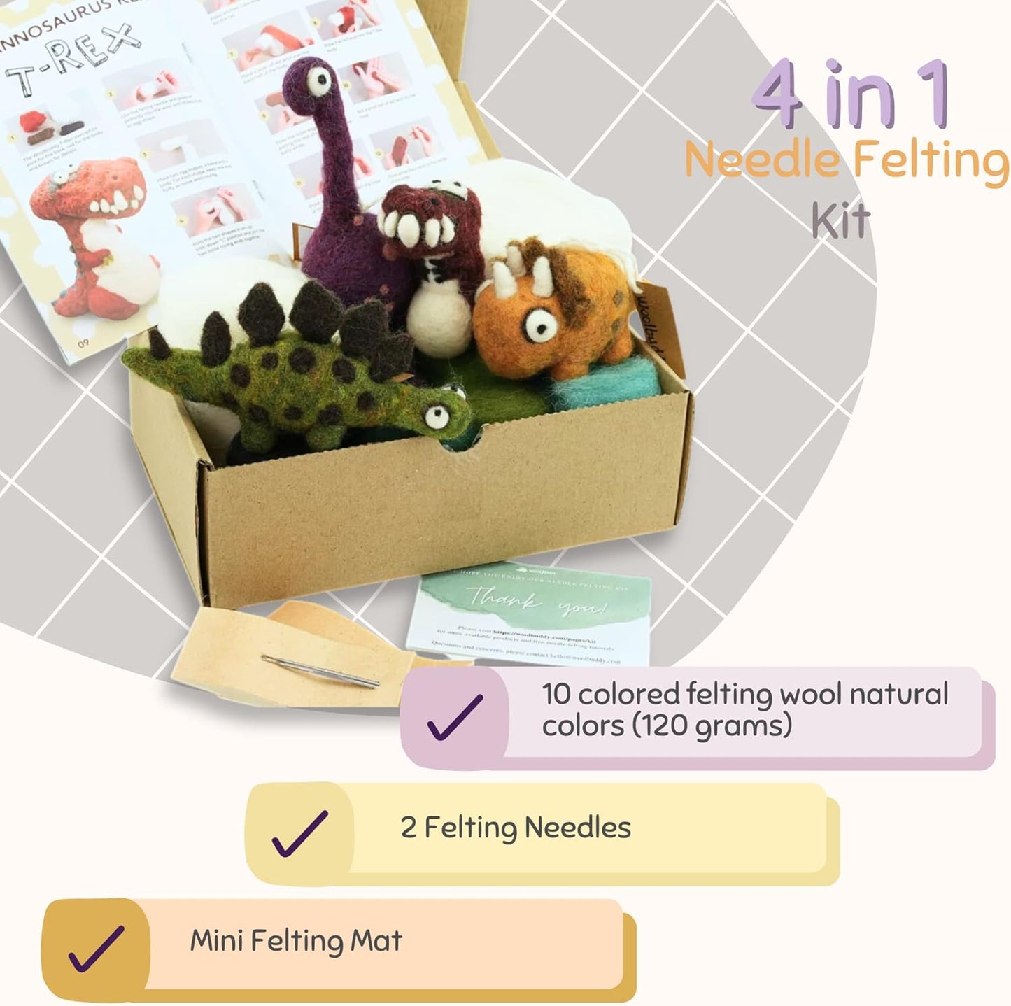 Woolbuddy Needle Felting Kit - Felted Dinosaurs for Beginners, Adults & Kids, Includes Wool, Pad, 4 Needles, and Instructions
