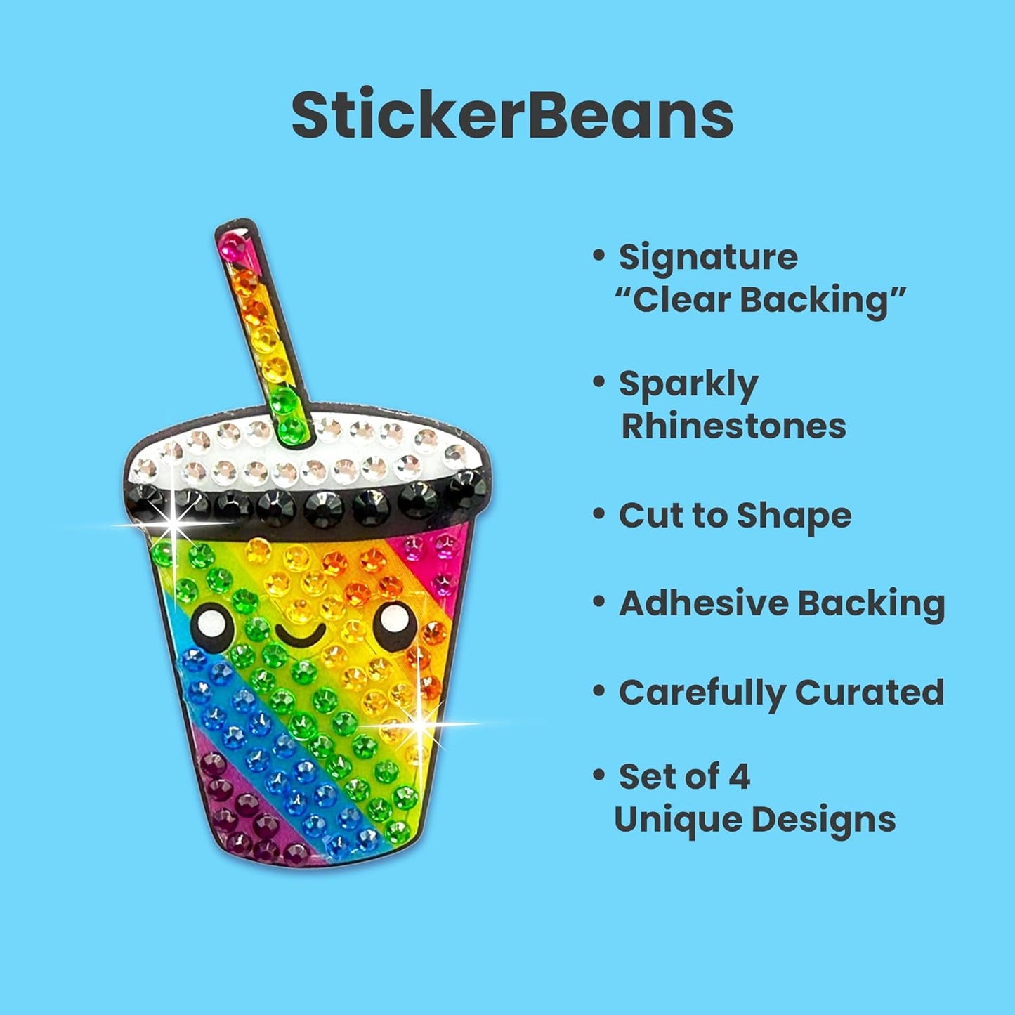 StickerBeans® Rhinestone Stickers – Rainbow Foodie 4-Pack, 2” x 2” Unique Sparkly Cut-to-Shape for Collecting, Trading, Decorating Laptops, Phone Cases, Scrapbooks, Kids, Teens, & Adults