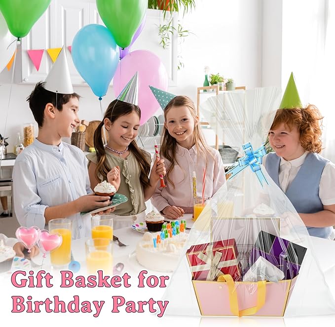 Tuanse 30 Pcs Basket for Gift Empty DIY Bulk Gift Basket Kit with Handle Kraft Cardboard Tray with 30 Bag 30 Bow Market Tray for Wedding Party(Pink,9.8 x 6.7 x 4.3 in)