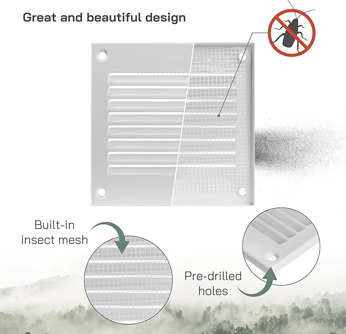 Vent Systems 4'' x 4'' Inch Pack of 5 White Air Vent Cover Metal Air Return Grill with Built in Pest Guard Screen HVAC Vent Cover for Home Improvement Vent Duct Cover 100x100 mm