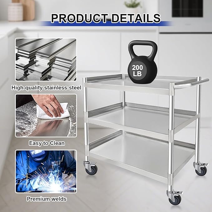 3 Tier Stainless Steel Utility Cart | Heavy Duty Metal Rolling Cart with Handle & Wheels | Ideal for Kitchen, Restaurant, Hospital, Laboratory & Home (19''x31''x34'')