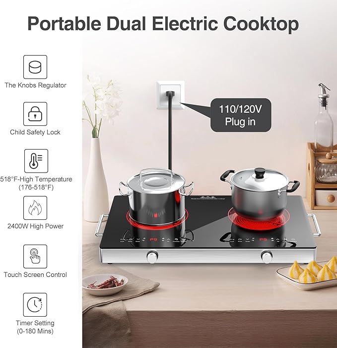 VBGK Electric Cooktop,110V 2400W Electric Stove Top with Knob Control,9 Power Levels, Kids Lock & Timer,LED touch control,Overheat Protection Electric stove,24 Inch desktop 2 burner