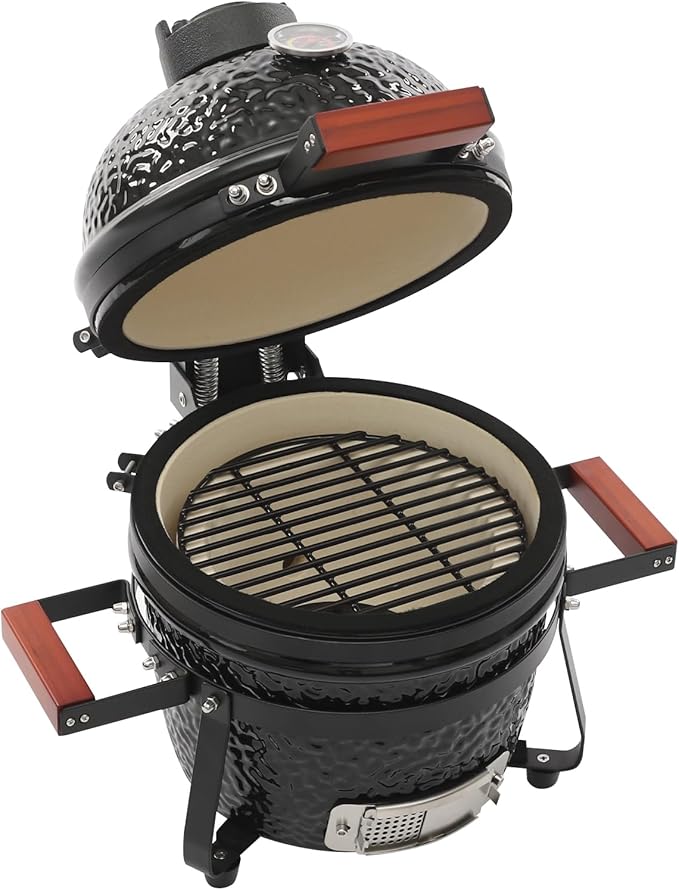 13 Inch Ceramic Charcoal Grill, Portable BBQ Smoker for Grilling & Smoking, Outdoor Patio Backyard Cooking, Movable Ceramic Barbecue Grill with Temperature Gauge