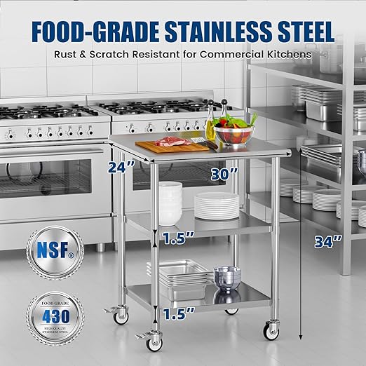Stainless Steel Work Table with Wheels, 24x30 Inch NSF Food Prep Table with Backsplash & 2 Adjustable Undershelves for Commercial Kitchen, Restaurant, Garage