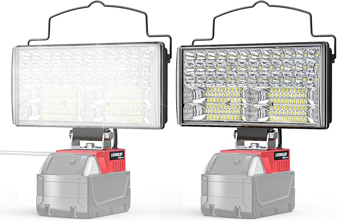 LIVOWALNY 7'' 100W LED Work Light Compatible with Milwaukee Battery, 2PCS 10000LM Portable Flashlight with USB & Type-C Output Port, Low Voltage Protection Flood Light for Camping Emergency Car Repair