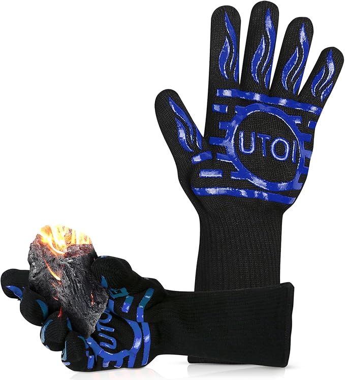 BBQ Gloves, 1472°F Heat Resistant Grilling Gloves, Silicone Non-Slip Long Cooking Gloves for Kitchen, Oven, Baking, Campfire and Smoker, EN407 Certified, Blue, XL Size, 1 Pair