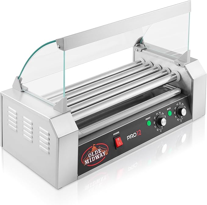 Olde Midway Electric 12 Hot Dog 5 Roller Grill Cooker Machine with Cover 700-Watt - Commercial Grade