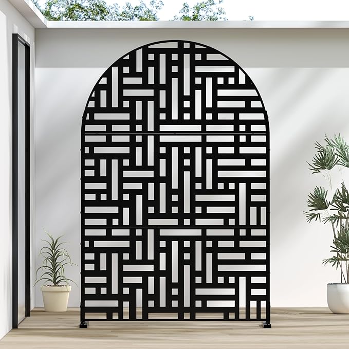 Casaphoria 72" H x 47" W Arched Metal Privacy Screen - Elegant Freestanding Outdoor Screen for Deck, Patio & Balcony - Versatile Decorative Privacy Panels for Home & Garden Use (Black-Helen)