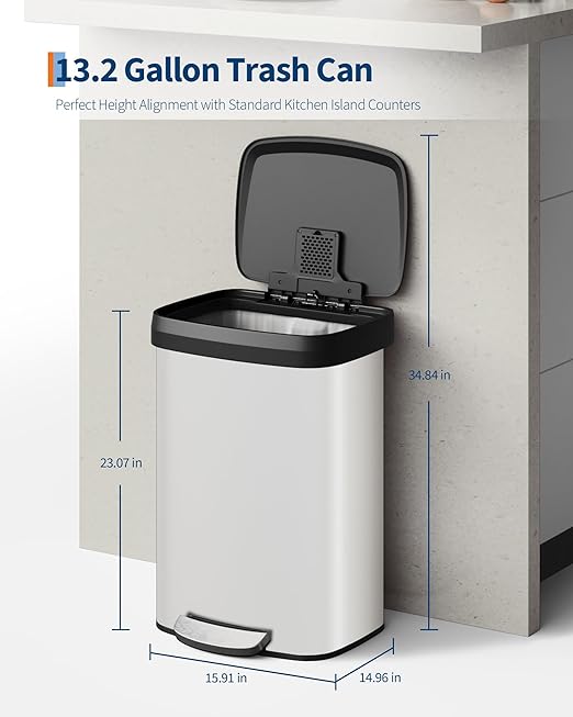 Garvee 13 gal / 50 L Metal Trash Can with Lid, Large Garbage Can for Kitchen, Rustproof Step-on Kitchen Metal Trash Bin with Liner Rim, Rear Handle, Soft Close Plastic Lid, White