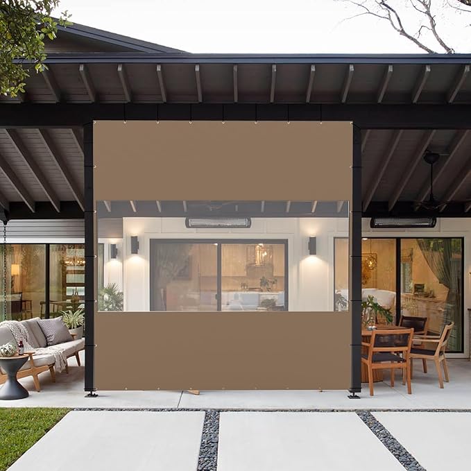 Domi Heavy Duty Outdoor Clear Panel Curtain, 18 oz Waterproof PVC Polyester Curtain, Weather Resistant & Tearproof for Patios, Gazebos, Pergolas, Privacy Screen (10'H x 10'W, Brown)