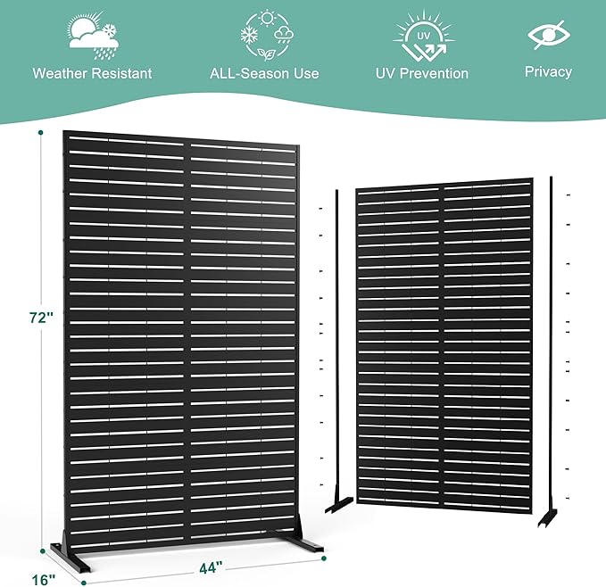 Metal Privacy Screen for Outdoor & Indoor Use, Free Standing Privacy Screen for Patio Garden Pool, 72" H x 44" W Decoative Privacy Panels, Weather Resistant, Easy Assembly (Black Louvered Floral)