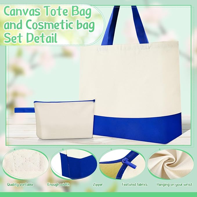 Sanwuta 24 Pcs Canvas Tote Bags Bulk with Zipper Cosmetic Bags 18.5" Cotton Canvas Bag with Handles Reusable Shopping Bags