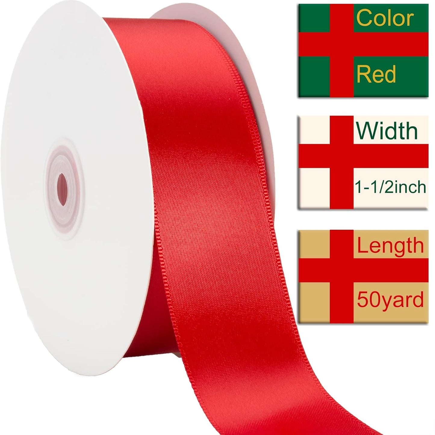 1-1/2 Inch Red Ribbon, 50 Yards Craft Polyester Satin Ribbon Perfect for Gift Wrapping, Handmade Roses, Wedding Party Decorations and DIY Crafts