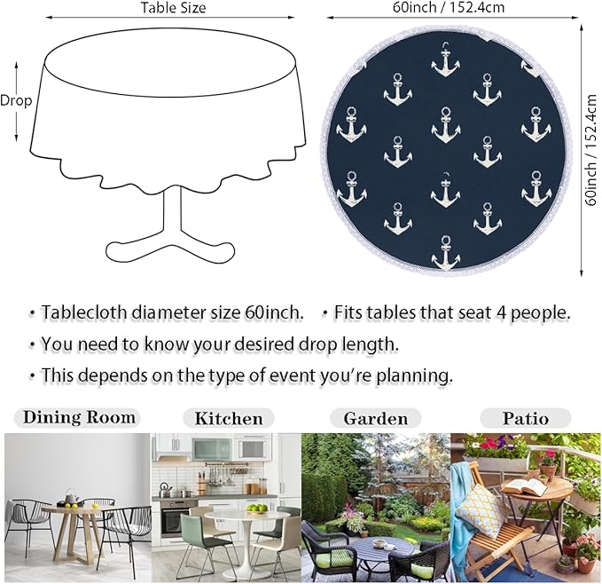Round Tablecloth Waterproof Table Cloth for Kitchen Dinning Wedding Party Tabletop Decor,Nautical Anchor On Navy Blue Table Cover with Lace Trim,60 Inch