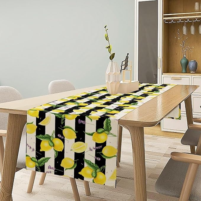 Farmhouse Lemon Fruit Table Runner Nature Aesthetic Black White Stripe Flowers Plant Dining Table Decoration for Home Holiday Party Dresser Kitchen Cabin Restaurant Wedding Decor 13×120in