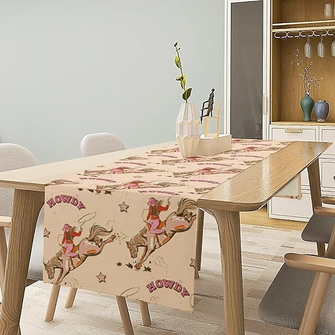Western Cowboy Table Runner,Vintage Country Cowboy Horse Desert Print Table Runner for Farmhouse Kitchen Dining Table Holiday Home Party Decor 13x90in