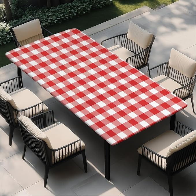 Rectangle Table Cloth Cover Waterproof Elastic Fitted Polyester Fitted Tablecloths for 6 Foot Tables for Indoor,Picnic, Camping, Outdoor （72" x 30"，Red Grid）