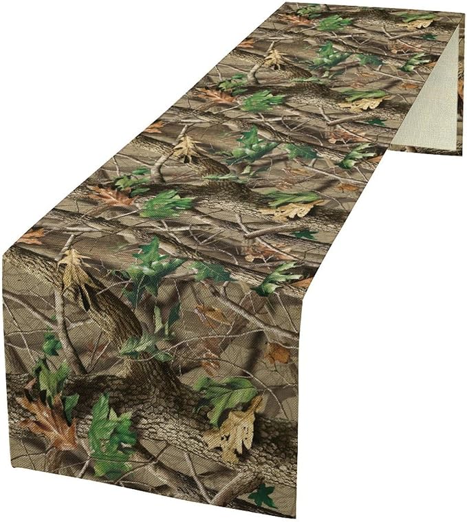 Forest Camouflage Table Runner, Camo Conifer Oak Branches Mossy Hunting Lodge Camp Cabin Table Runner for Kitchen Dining Room Party Camping 13x36in