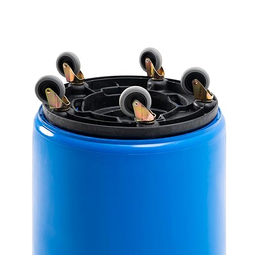 PRO&Family Commercial Round Trash Can with Lid and Dolly Rolling Waste Container, Ingredient Bin, Heavy-Duty Plastic, Anti-Static, Kitchen, Office, Outdoor Use (Blue, 44 Gallon)