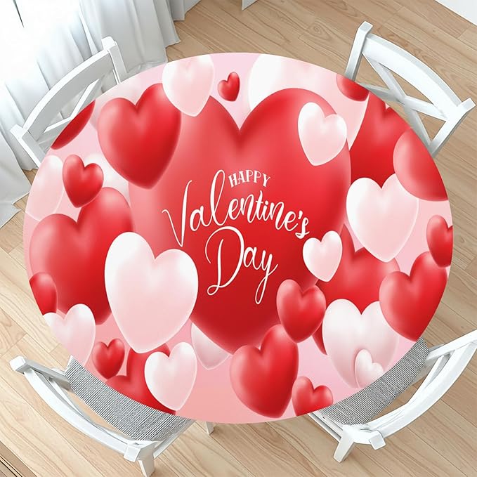 Valentines Day Round Fitted Tablecloth with Elastic Red White Love Heart Circle Table Cloth for 48-52" Round Tables Wipeable Waterproof Washable Valentine Table Cover for Picnic Dining Party Decor
