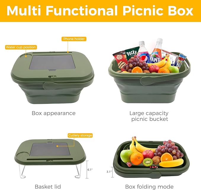 Picnic Basket for 2 Person, Foldable Bucket with Lid and Handles, Portable Outdoor Storage Bucket, 18 Liters, Ideal for Camping、Outdoors and Car Trunks (Green)