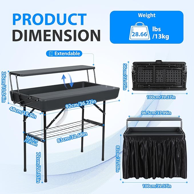 Nice C 4 ft Folding Ice Cooler Table, Party Cooler, Grazing Table, Tables with Drain, Party Tables, with Matching Skirt, Storage Shelf (Black)