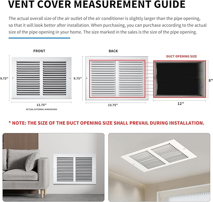 12x8 Vent Cover(Duct Opening Size),Air Return Vent Cover,Flat Vent Cover,Rejillas De Aire Acondicionado para Casa,Return Air Grilles,Outer Dimensions:13.75"Wx9.75"H(12"W x 8"H, Duct Opening)