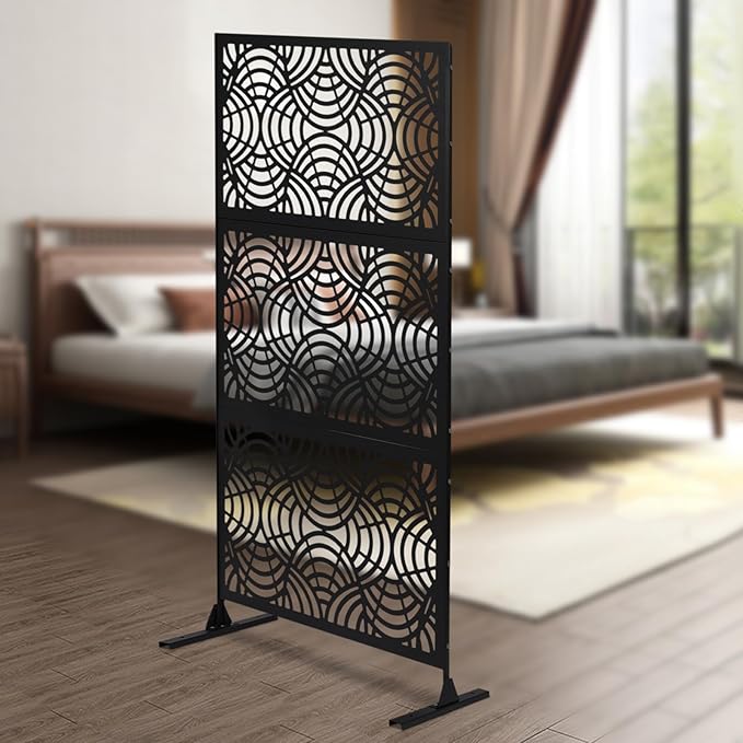 75" H×35" W Decorative Outdoor Privacy Screen with Stand, Outdoor Decor Privacy Fence Screen Metal Fence Panels, Free Standing Metal Divider for Patio Lawn Deck (Black -Curved Pattern)