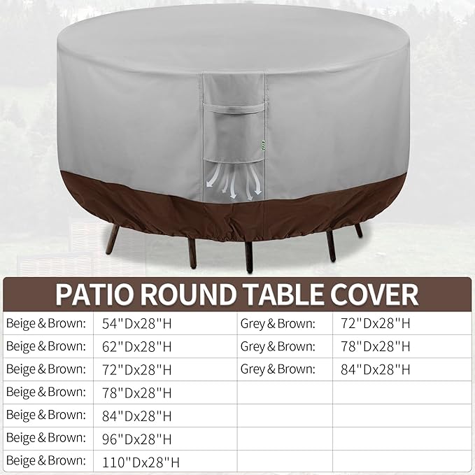 Round Patio Furniture Covers, 84" DIA x 28 H Waterproof Outdoor Furniture Cover for Patio Table & Chair Sets, 600D Heavy-duty UV-Resistant Fade-Proof Protection, Grey & Brown