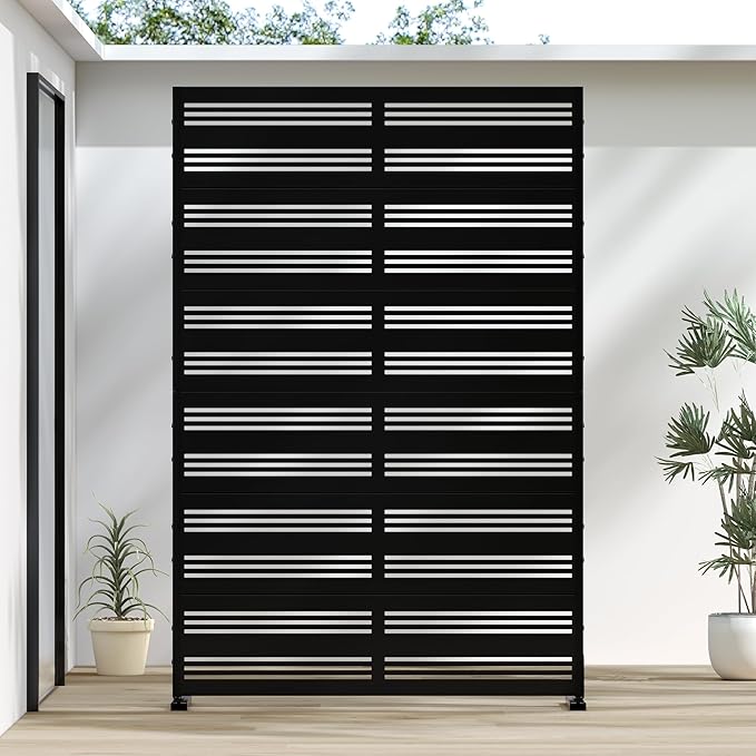 Casaphoria Metal Privacy Screen Outdoor, 72" H x 47" W Freestanding Decorative Privacy Screen for Patio Deck Balcony Garden with Stable Base, Black-Harold