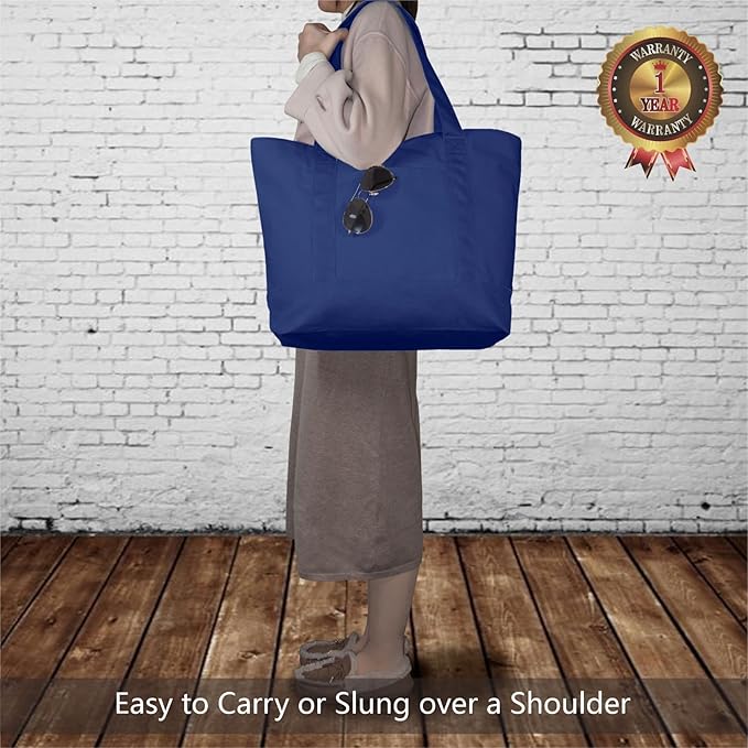 TOPDesign 3-Pack Canvas Tote Bags with an External Pocket, Reusable Grocery Shopping Bags, Top Zipper Closure, Daily Essentials (Blue)