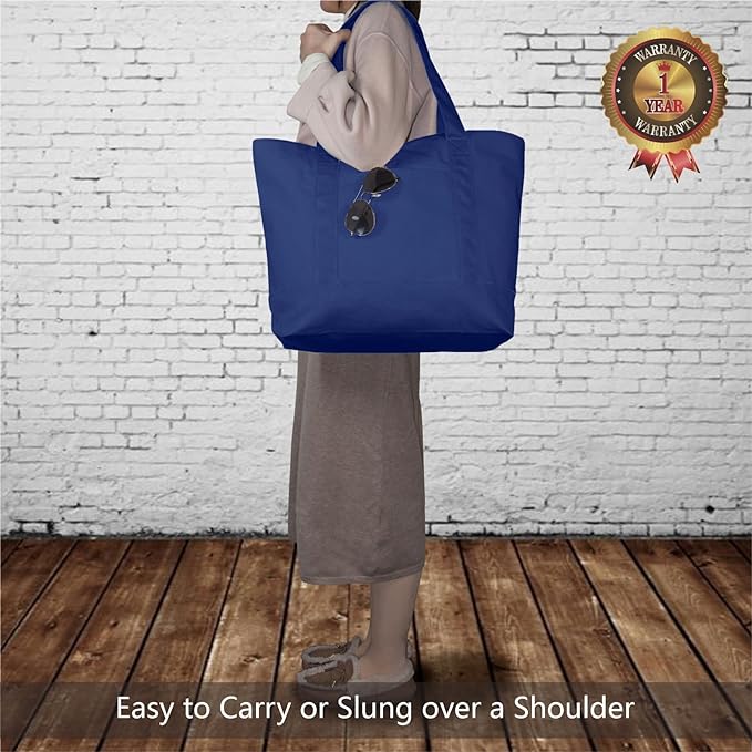 TOPDesign 6-Pack Canvas Tote Bags with an External Pocket, Reusable Grocery Shopping Bags, Top Zipper Closure, Daily Essentials (Blue)
